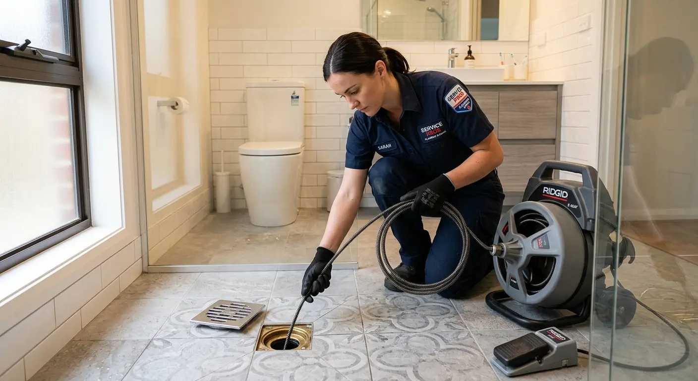 Technician clearing a bathroom floor drain for Sewer Line Installation in Carlisle